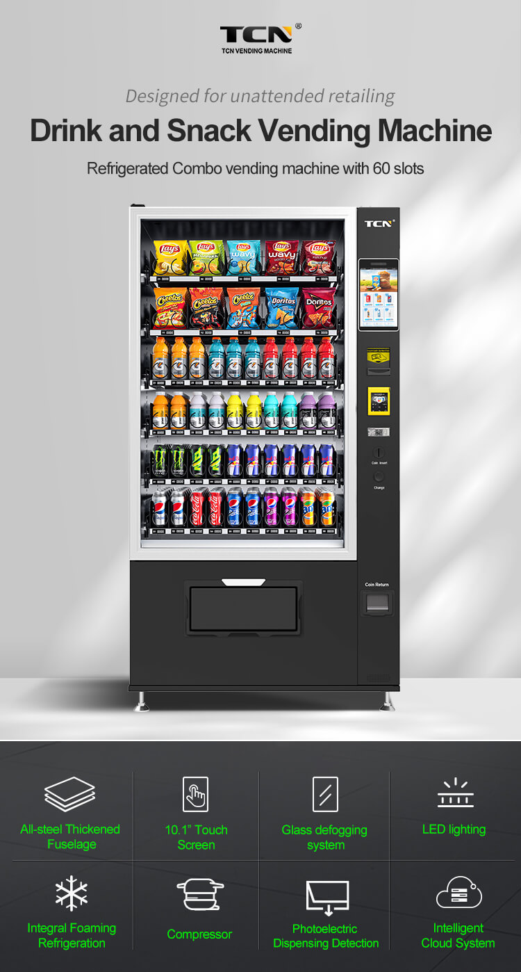 Drink and snack vending machine designed for unattended retailing, model TCN-CSC-10G(V10) with 60 refrigerated slots.