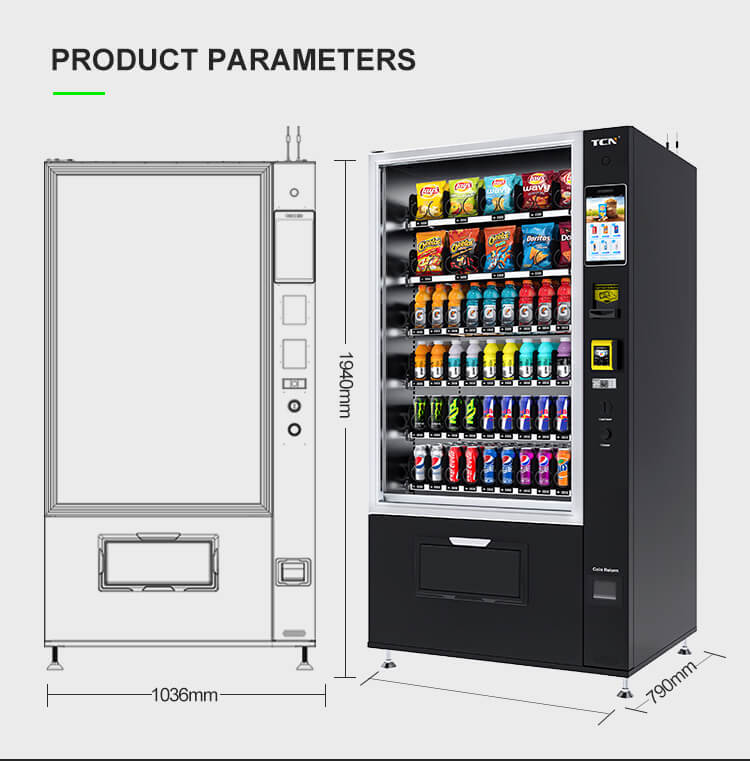 Features of the combo vending machine: all-steel thickened fuselage, integral foaming refrigeration, compressor, and intelligent cloud system, 10.1tochscreen