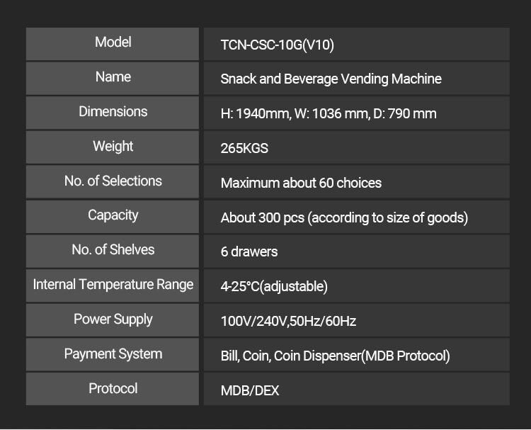 Physical dimensions of the snack and beverage vending machine: 1940mm height, 1036mm width.