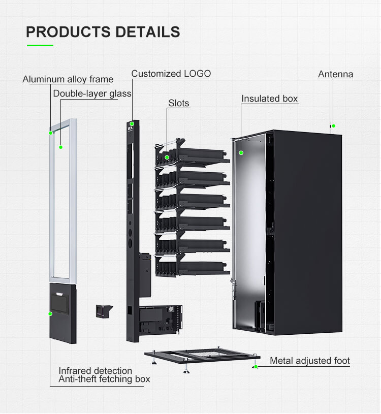 Technical specifications for TCN-CSC-10G(V10) vending machine: 300 capacity, 6 shelves, 4-25°C temperature range, MDB payment protocol.