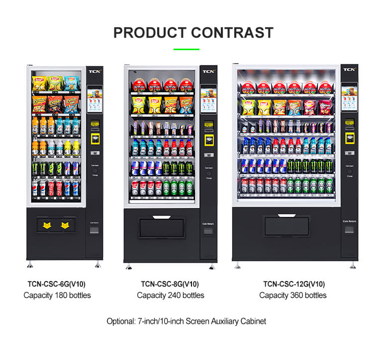Construction details of the vending machine: aluminum alloy frame, double-layer glass, infrared anti-theft detection, and metal adjustable feet.