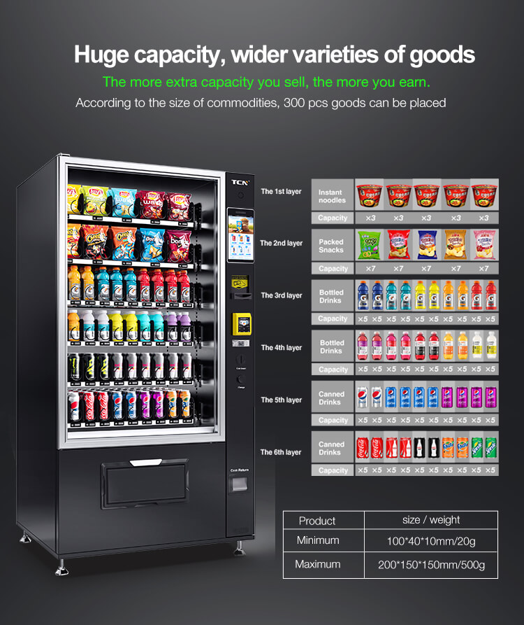 Product capacity comparison between TCN vending machine models: 180, 240, and 360 bottles with optional auxiliary cabinet.