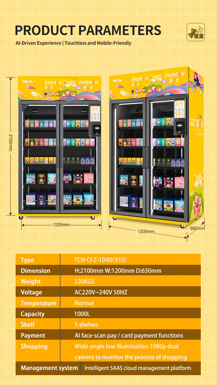 Technical specifications for the large-capacity TCN-CFZ-1000 AI vending machine, highlighting its 1000L volume and 1200mm width