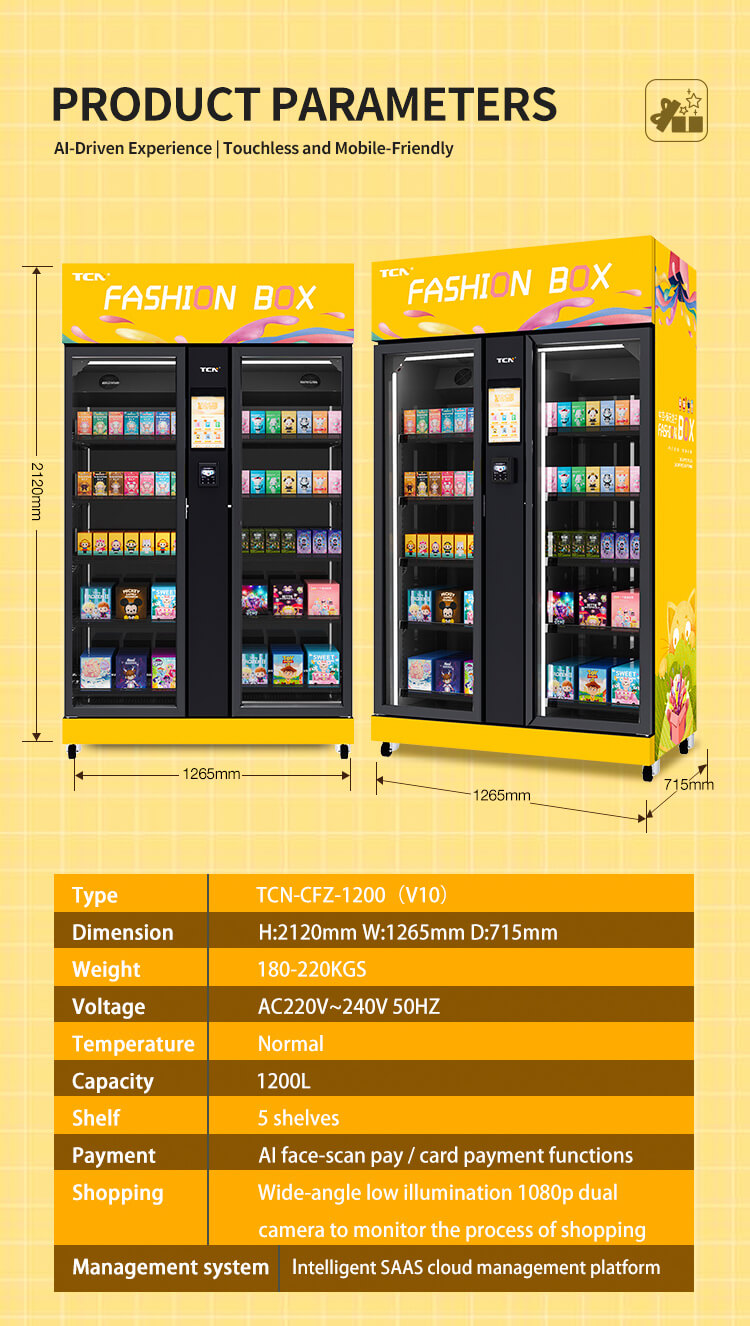 Technical specifications of the TCN-CFZ-1200, the highest-capacity AI blind box machine with 1200L volume and 1265mm width

