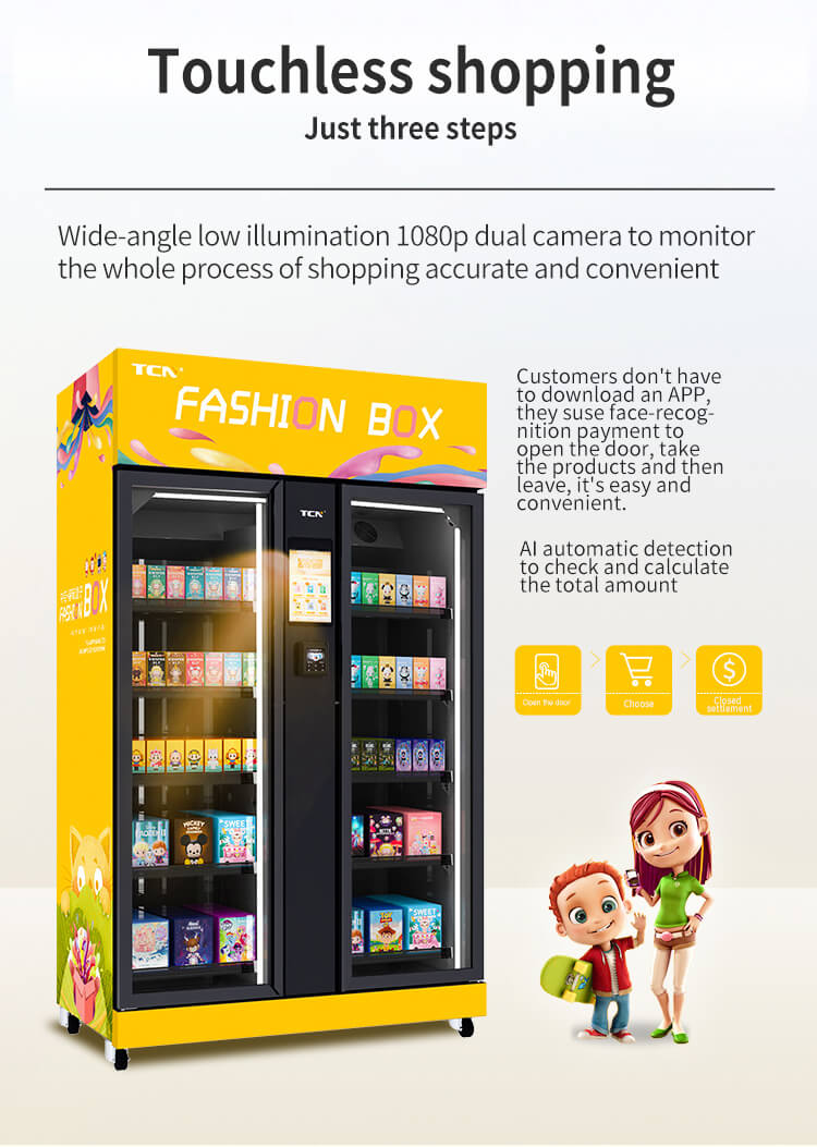 Touchless AI shopping experience on the 1200L capacity machine, featuring face-recognition payment and dual-camera monitoring