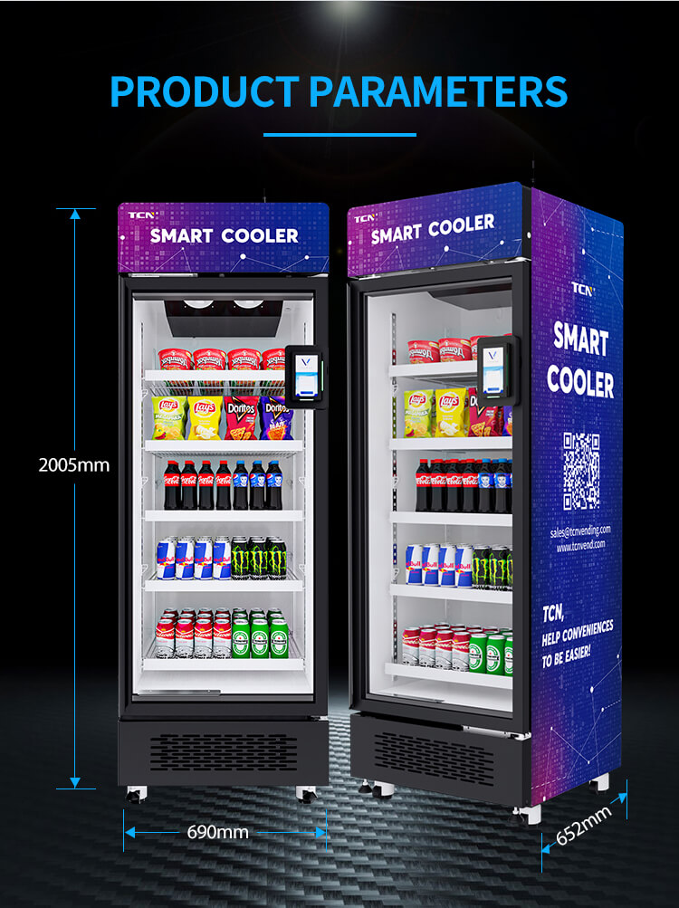 Specifications and dimensions for narrow TCN-CFZ-510 AI vending machine, 690mm wide and 350W power