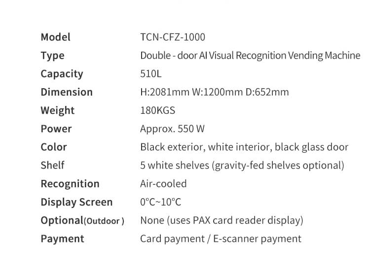Specifications for TCN-CFZ-1000 AI vending machine showing 510L capacity and 1200mm width