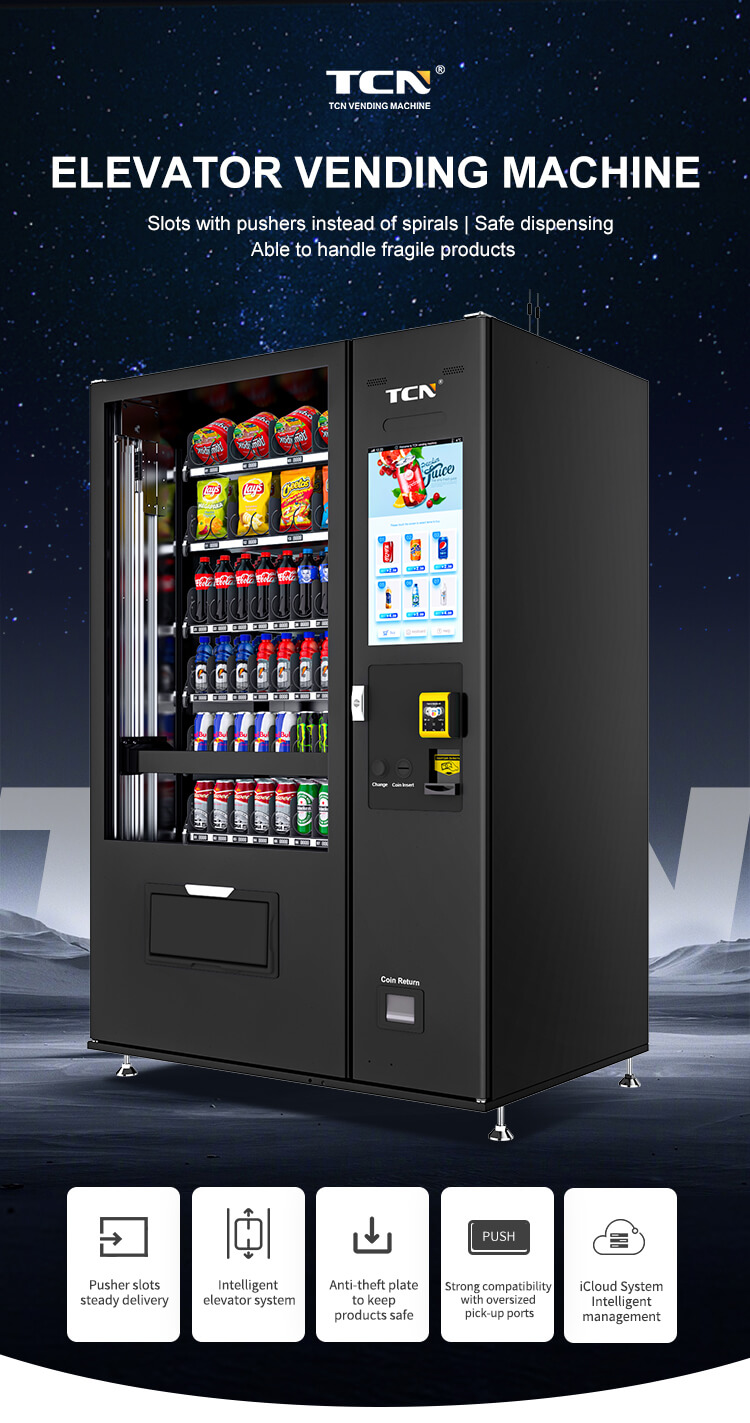 TCN-CEL-10C(V22) elevator vending machine with pusher slots for safe dispensing of fragile products and intelligent iCloud management system.
