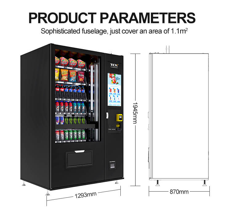 Sophisticated fuselage of the TCN elevator vending machine covering 1.1m², with a width of 1294mm and depth of 870mm.