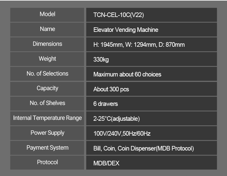 Technical specifications for TCN-CEL-10C(V22) elevator vending machine: 1945mm height, 300 pcs capacity, 2-25°C temperature range, and 60 selections.