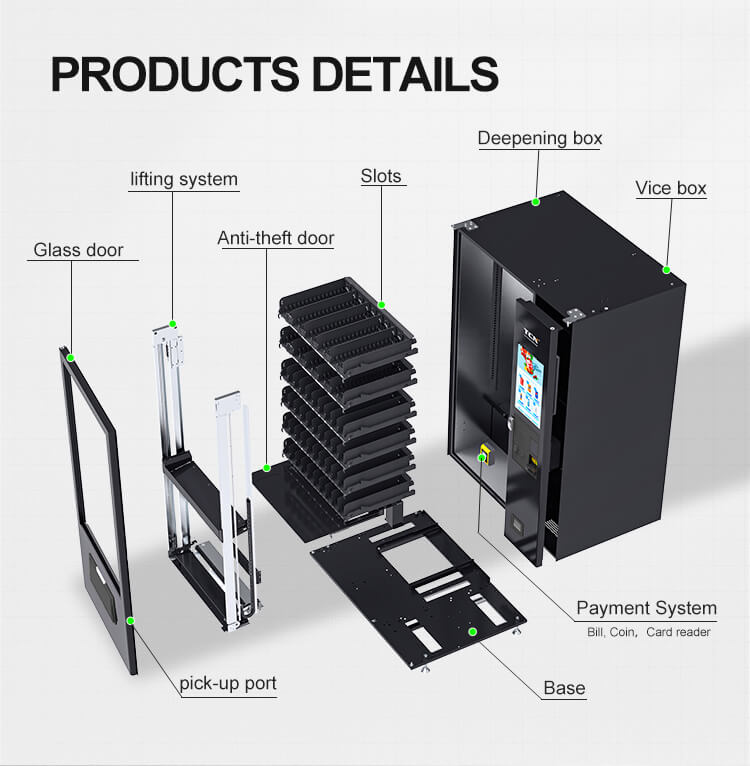 Product details of the TCN elevator vending machine: deepening box, lifting system, anti-theft glass door, payment system, and pick-up port.