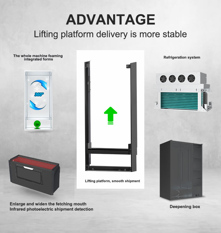 Advantages of the TCN elevator vending machine: stable lifting platform, whole machine foaming, refrigeration system, and infrared photoelectric detection.