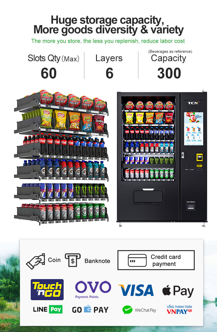 Huge 300-capacity elevator vending machine with 60 slots across 6 layers, supporting coin, banknote, credit card, and QR code payments.