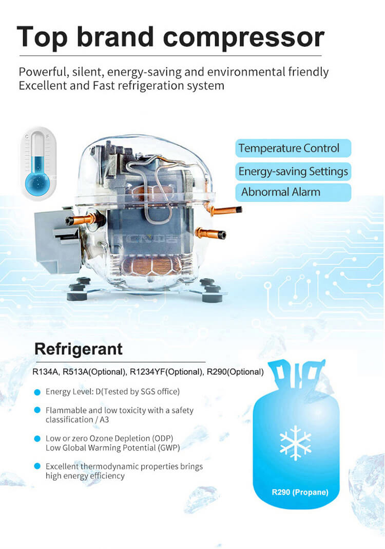 Top brand compressor and refrigerant options like R290 in TCN vending machine for energy-efficient temperature control and alarm systems.