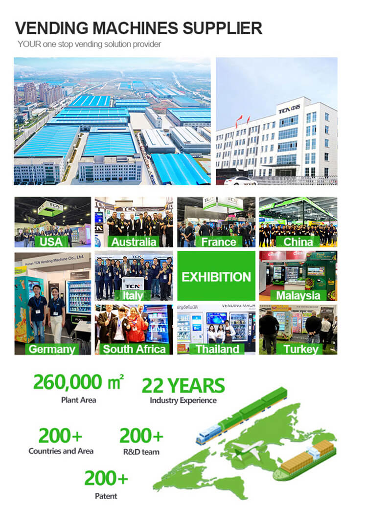TCN vending machine supplier with 22 years experience, 260,000m² plant area, and exports to 200+ countries worldwide.