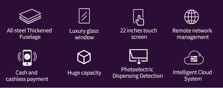 Key features of the 3C vending machine including all-steel fuselage, luxury glass window, cashless payment, and cloud system
