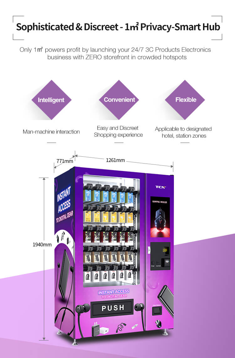 Compact and sophisticated electronics dispenser occupying only 1 square meter, ideal for 24/7 operation in high-traffic zones