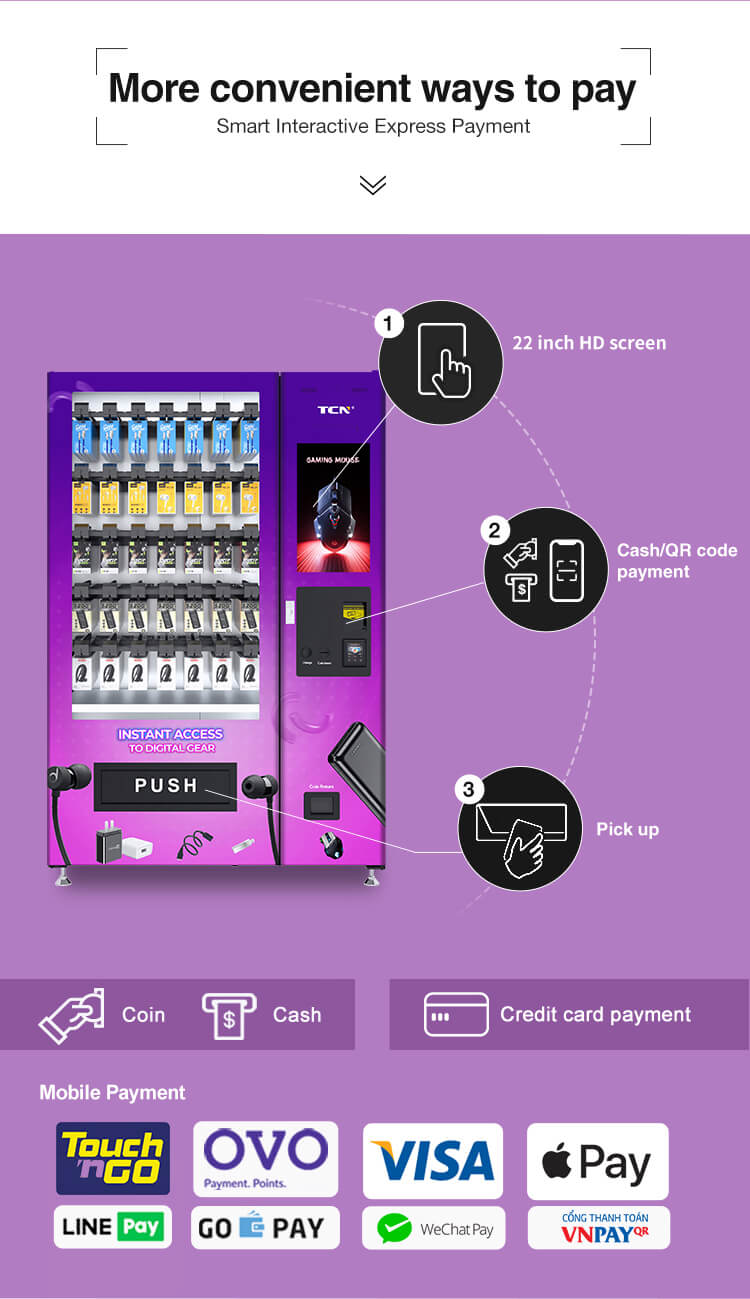 Smart interactive express payment options on the 22-inch HD screen for the electronics vending machine, including mobile and credit card payments