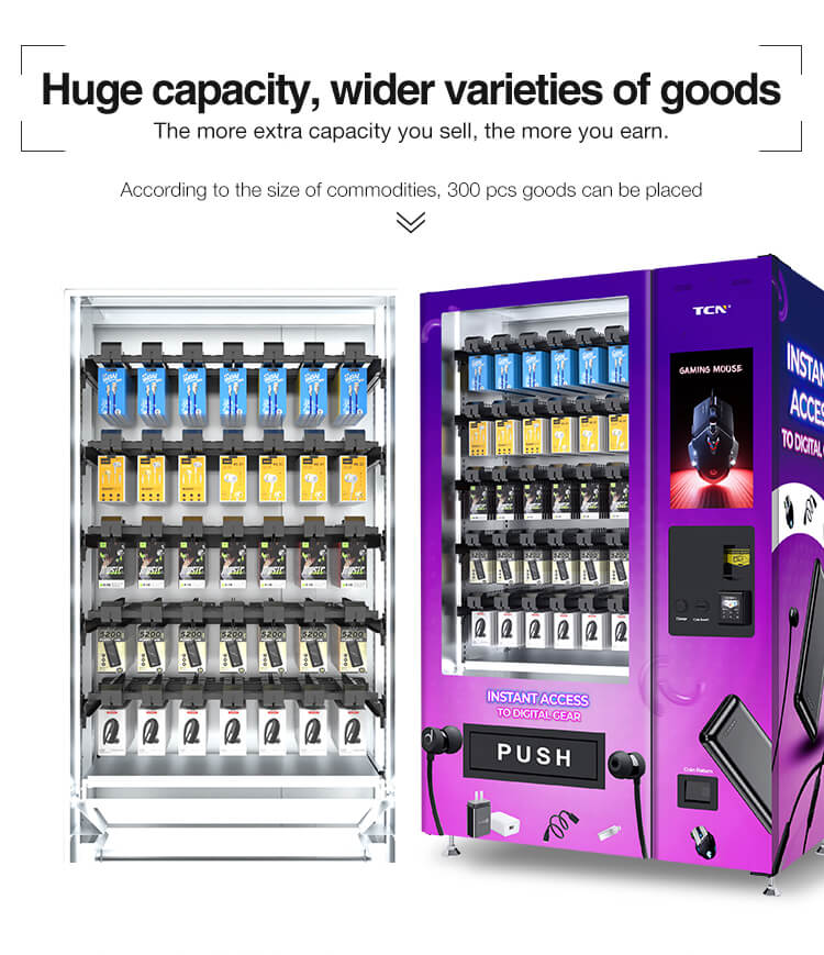 Huge capacity of the vending machine capable of holding up to 300 pieces of various-sized 3C electronics and accessories