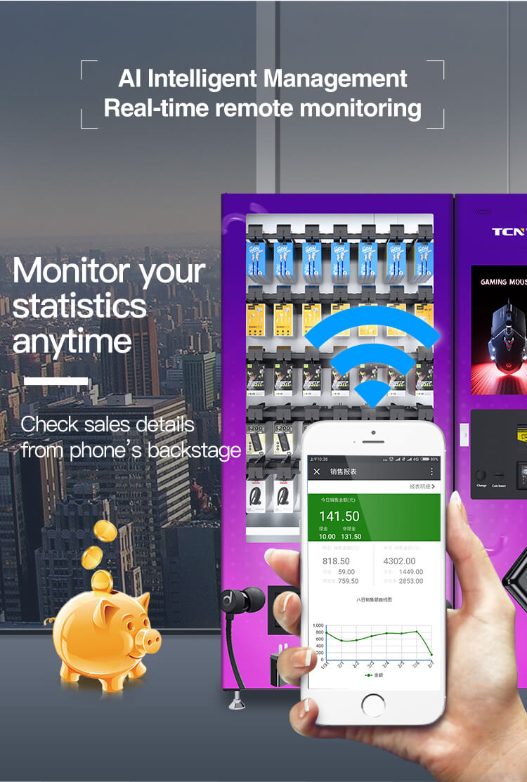 All intelligent management system for real-time remote monitoring of sales statistics and performance of the electronics vending machine