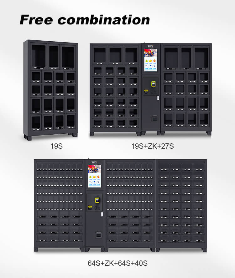 Modular combination examples featuring the 19S locker unit in configurations like 19S+ZK+27S