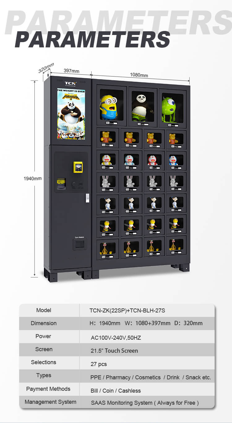 Technical parameters of the TCN-ZK(22SP)+TCN-BLH-27S vending machine showing 27 selections and 21.5-inch touch screen