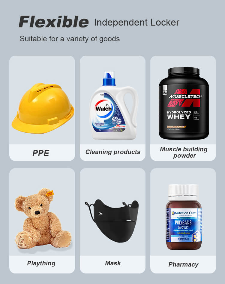 Versatile goods compatibility for the TCN 27-select locker vending machine including PPE, pharmacy, and cosmetics