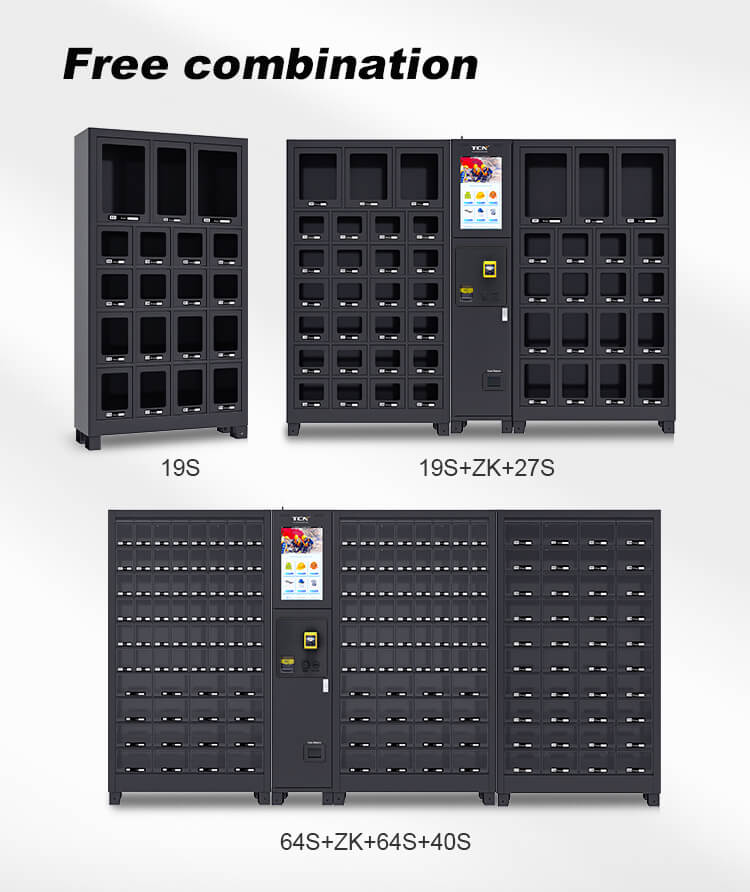 Example of scalable combinations for TCN vending machines showing integration of the 40S locker module