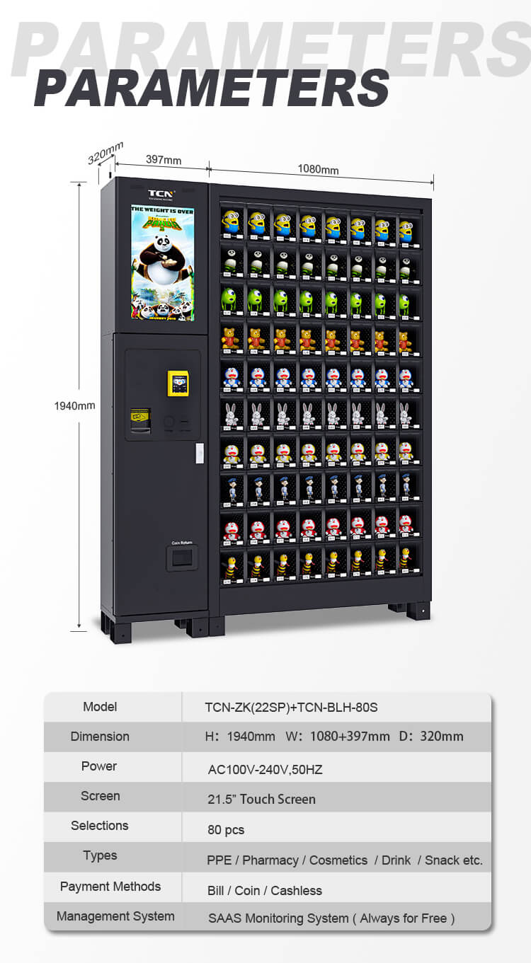 Specifications and dimensions for the TCN locker vending machine combination, showing 80 storage compartments and 1080mm base width