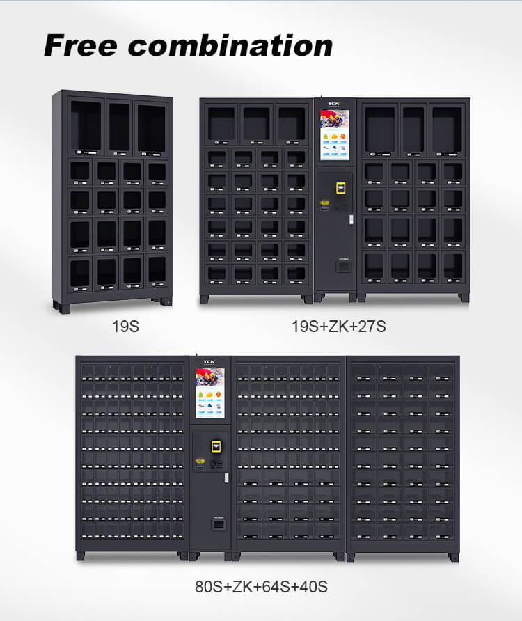 Diagram showing free combination options for TCN locker systems, such as 19S+ZK+27S configurations