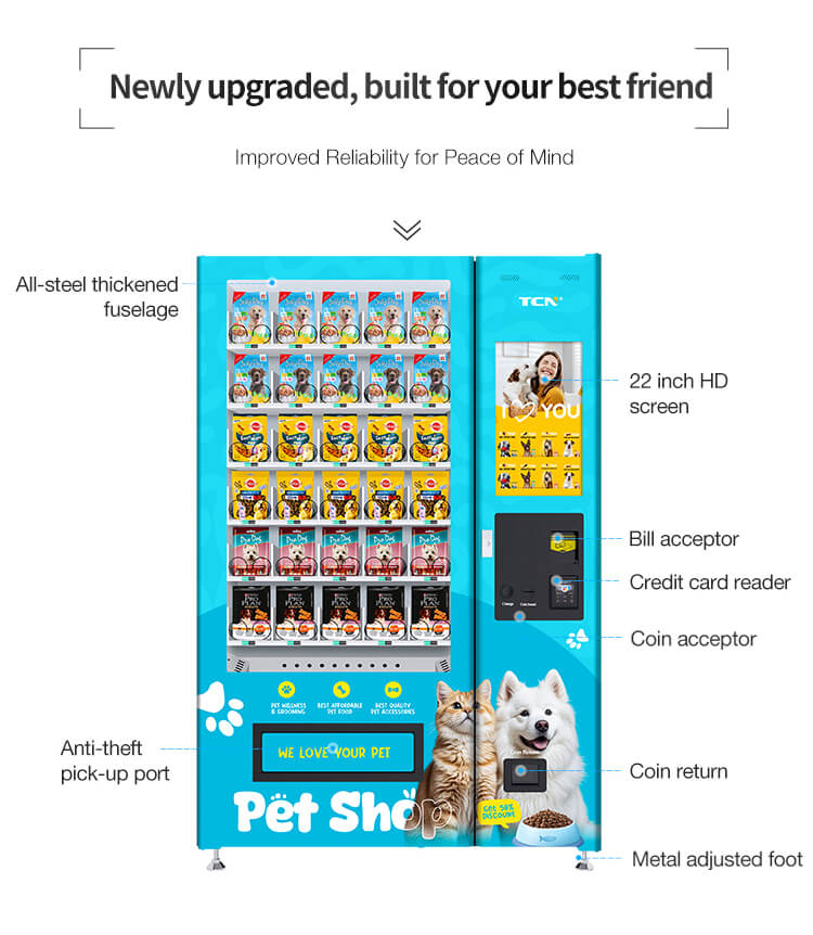 Crafted with care pet vending machine with modular design, galvanized steel sheet, and infrared dispensing detection for secure pick-up