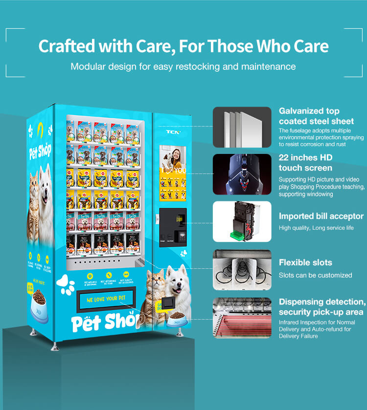 Smart interactive express payment on pet vending machine with cash, QR code, mobile payment, and HD touch screen