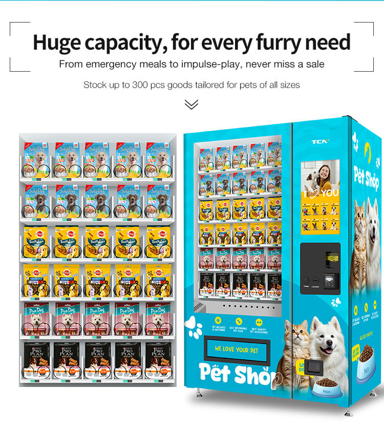 Huge capacity pet vending machine storing up to 300 goods for all furry needs including dog food and cat supplies