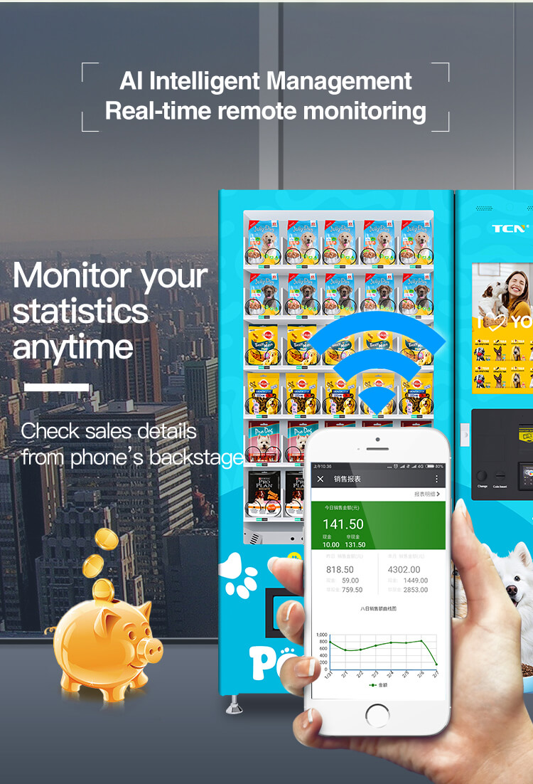 AI intelligent management system for pet vending machine showing real-time sales statistics, remote monitoring, and performance charts for pet supplies