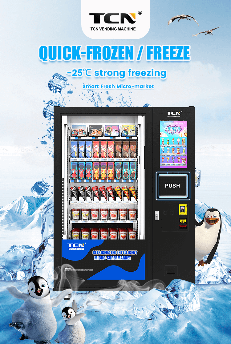 TCN-FMX-9C-V22 frozen food and ice cream vending machine in a retail environment, showing smart fresh micro-market with -23°C strong freezing