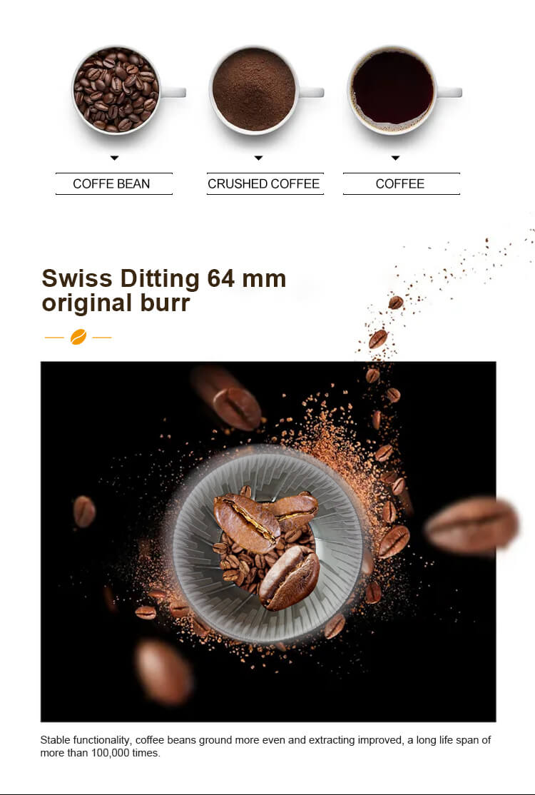 Swiss Ditting 64mm burr grinder in TCN coffee vending machine for even grinding and long lifespan over 100,000 cycles