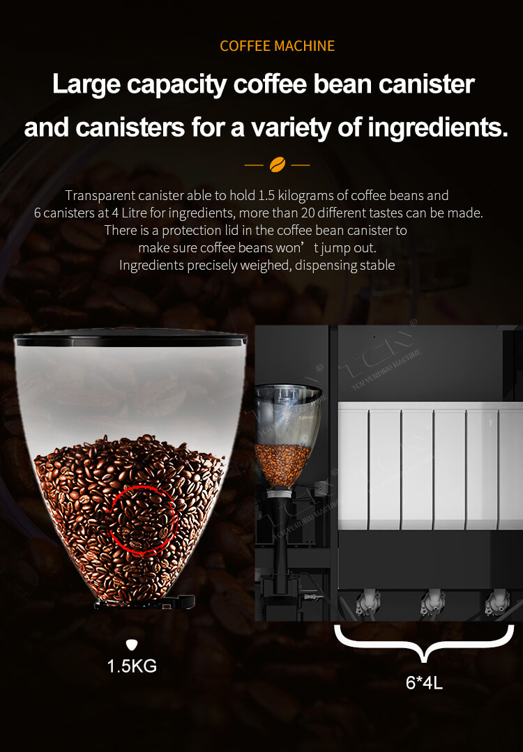 Large capacity coffee bean canister (1.5KG) and ingredient canisters (4L x 6) in TCN coffee vending machine for stable dispensing