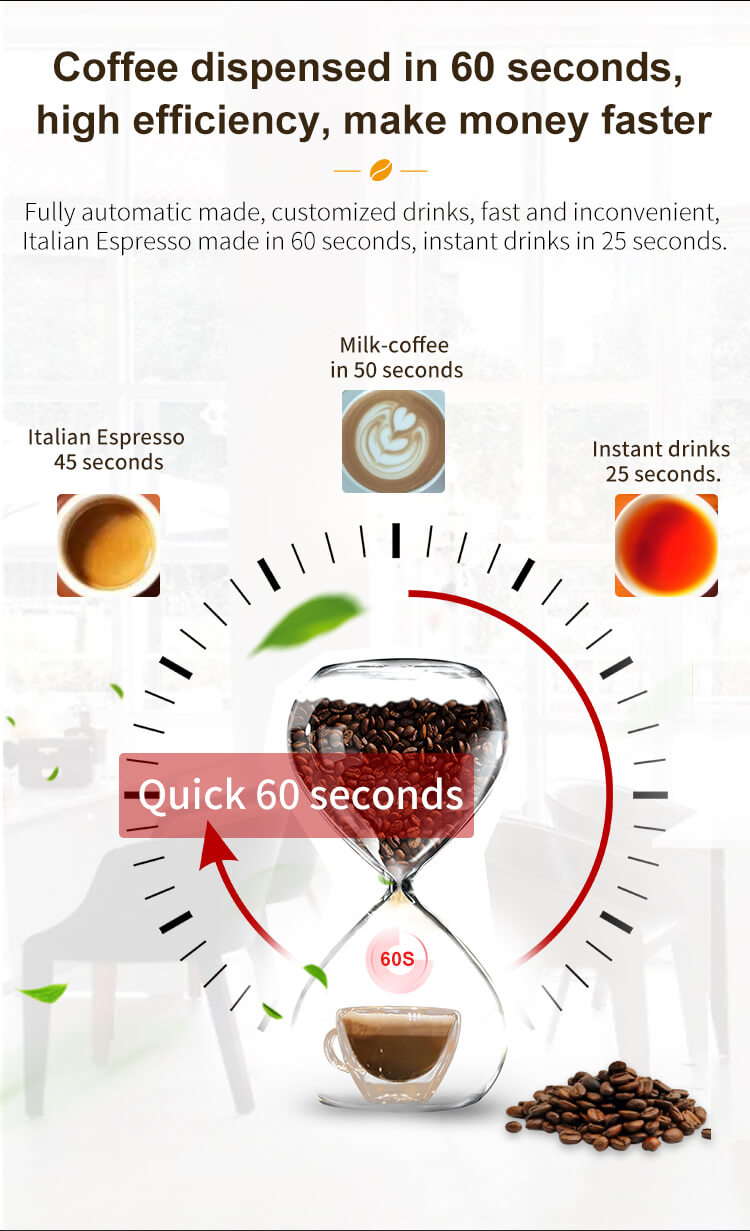 Fast coffee dispensing in 60 seconds with TCN coffee vending machine - Italian espresso in 45s, milk coffee in 50s, instant drinks in 25s