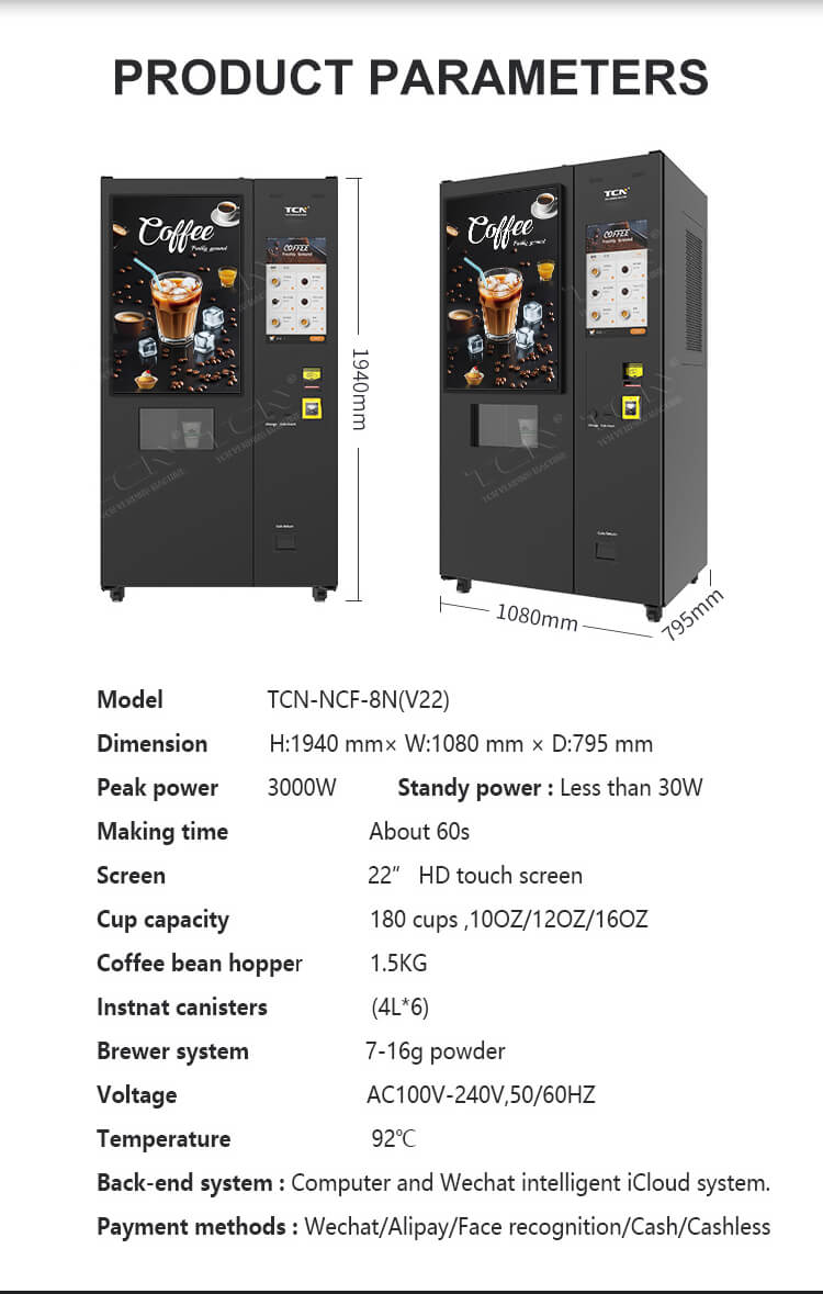 TCN-NCF-8N(V22) ice coffee vending machine product parameters and specifications including dimensions, power, and payment methods