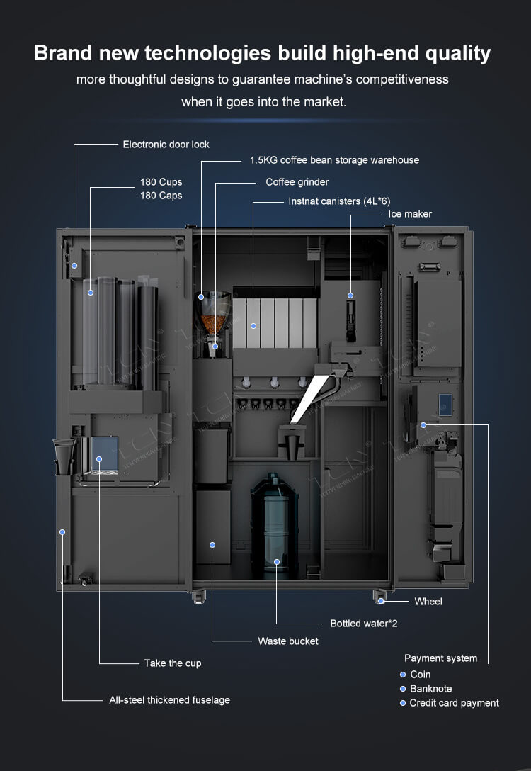 Internal components of TCN ice coffee vender - electronic door lock, 1.5KG bean warehouse, ice maker, grinder, and payment system