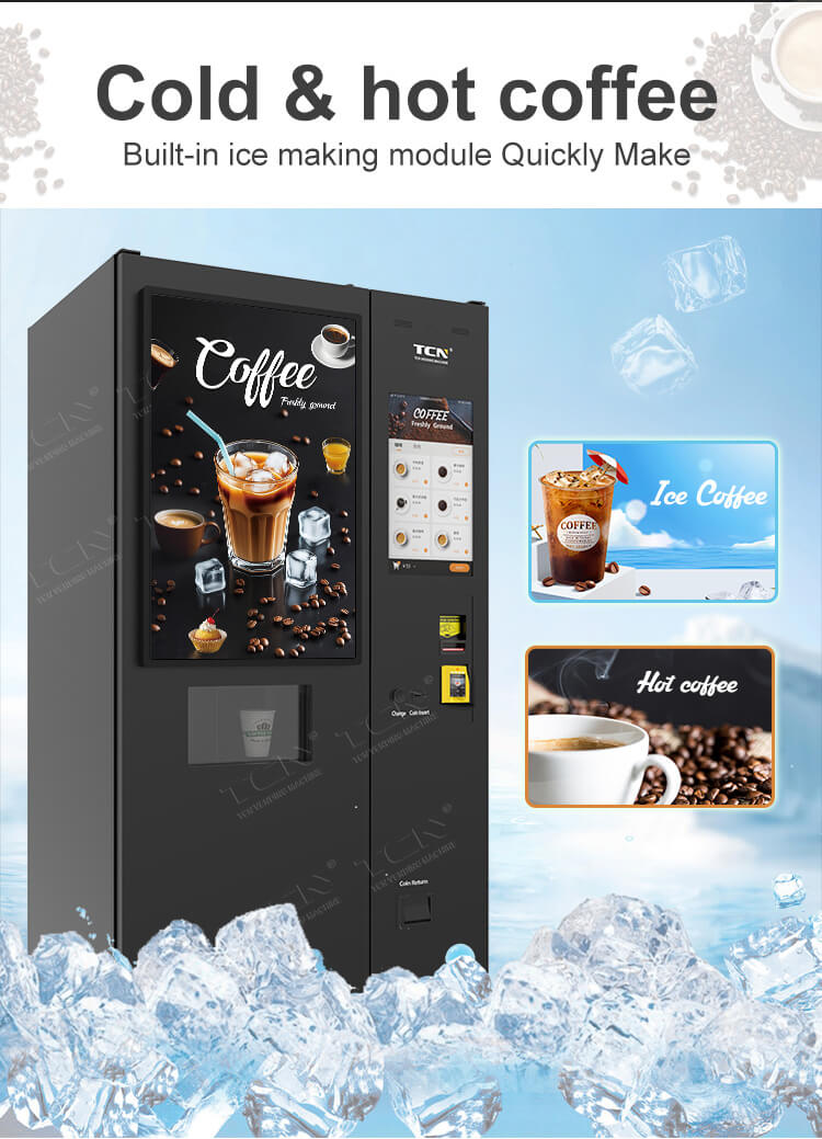 Cold and hot coffee options from TCN vending machine with built-in ice making module for quick iced coffee preparation