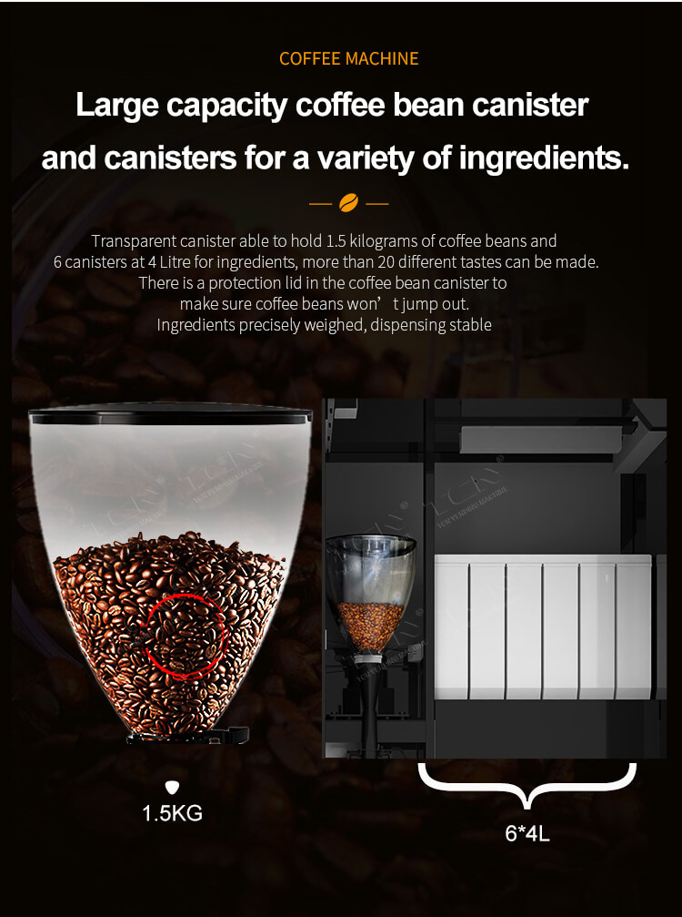 Large capacity 1.5KG coffee bean canister and 6x4L ingredient canisters in TCN coffee vending machine for stable dispensing