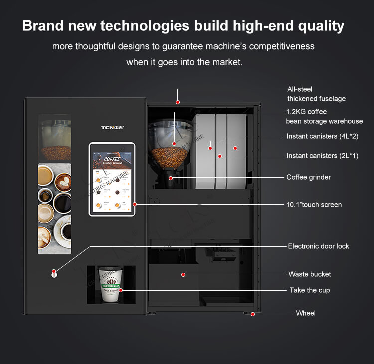 Compact design of TCN-NCF-4N coffee vender showing all-steel body, 1.2KG bean warehouse, and integrated grinder