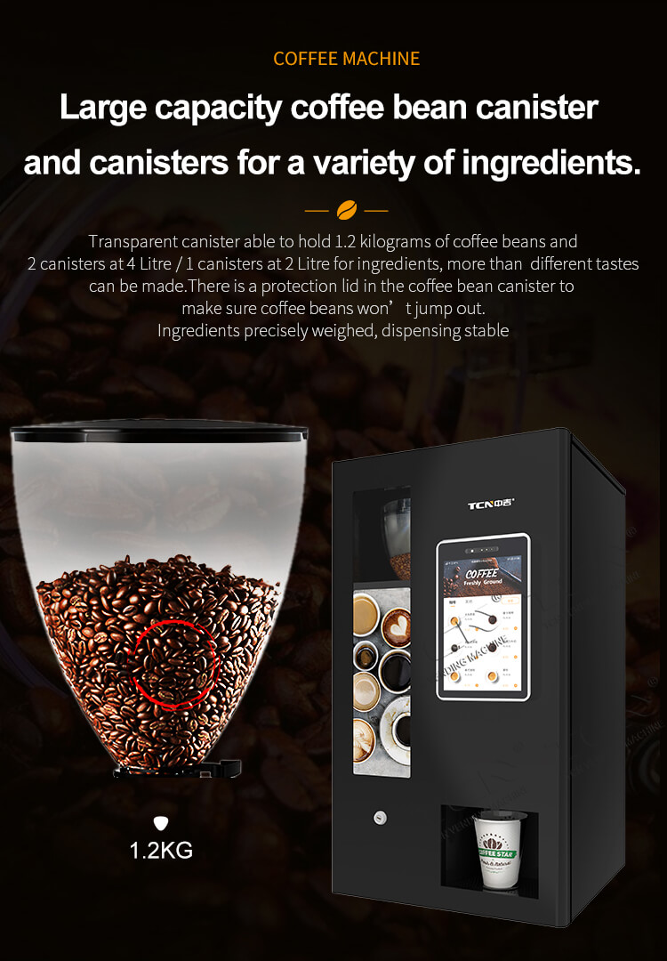 1.2KG coffee bean canister and ingredient canisters in the space-saving TCN-NCF-4N tabletop coffee machine