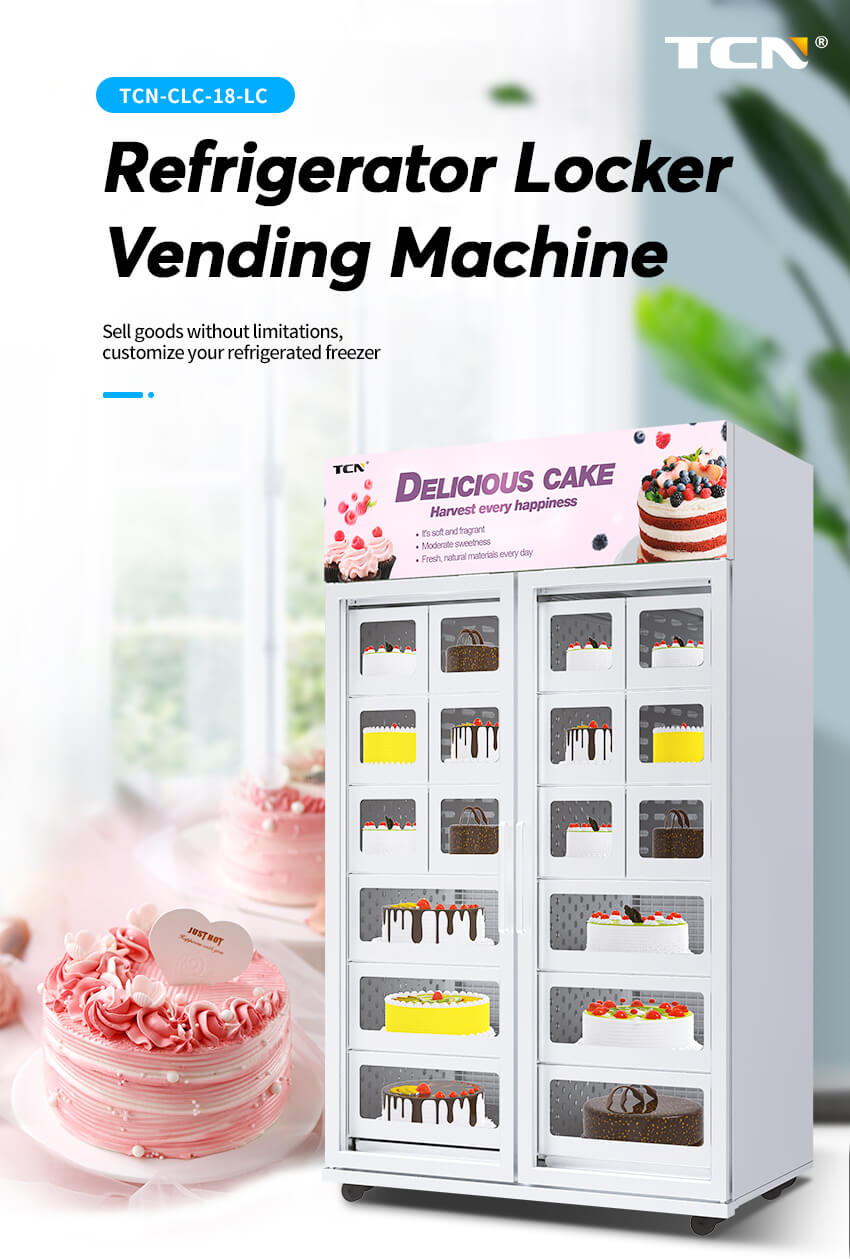 TCN 18-compartment refrigerated cake vending machine, featuring a sleek stainless steel design for commercial use