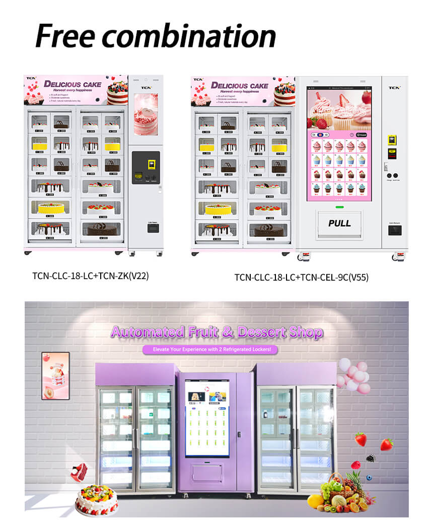 Modular design of TCN vending solutions, allowing main and auxiliary cabinets to be combined for expanded capacity.