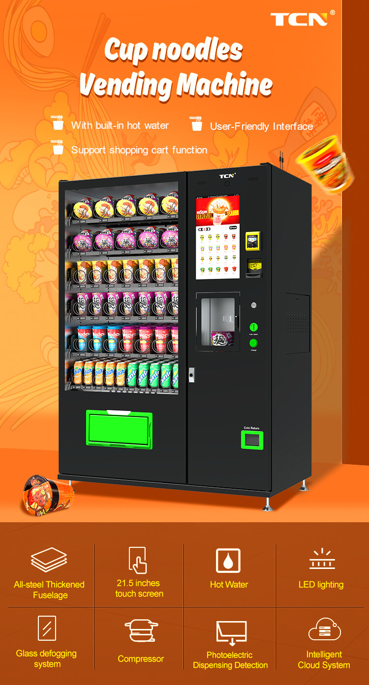 TCN cup noodles vending machine with built-in hot water system, 21.5-inch touch screen, and shopping cart function