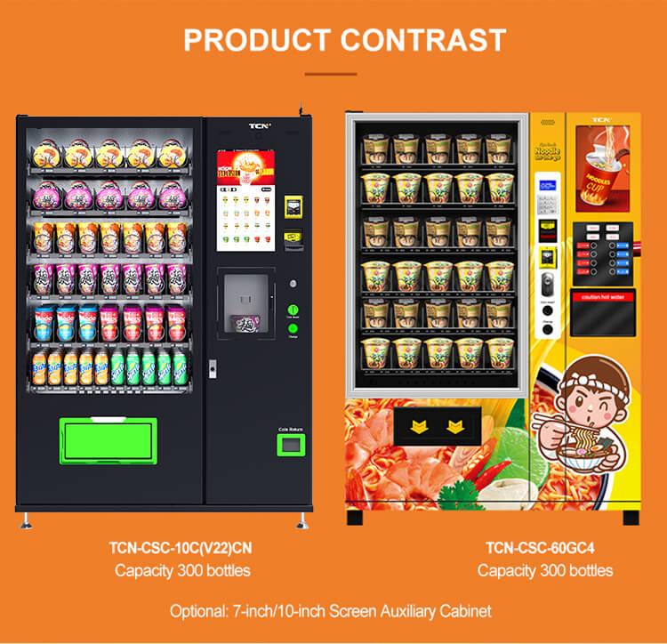High-capacity storage layout of the hot food vending machine holding up to 300 items including instant noodles, snacks, and drinks
