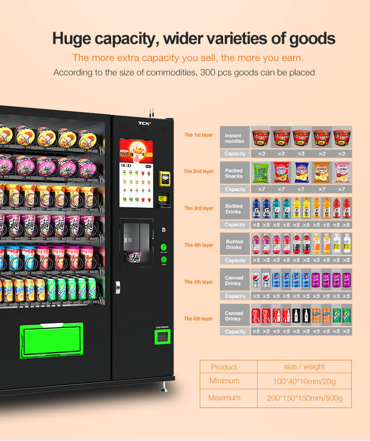 High-capacity storage layout of the hot food vending machine holding up to 300 items including instant noodles, snacks, and drinks