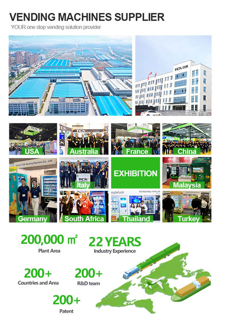 TCN as a global vending machine supplier with 22 years experience, 200+ patents, and exporting to 200+ countries